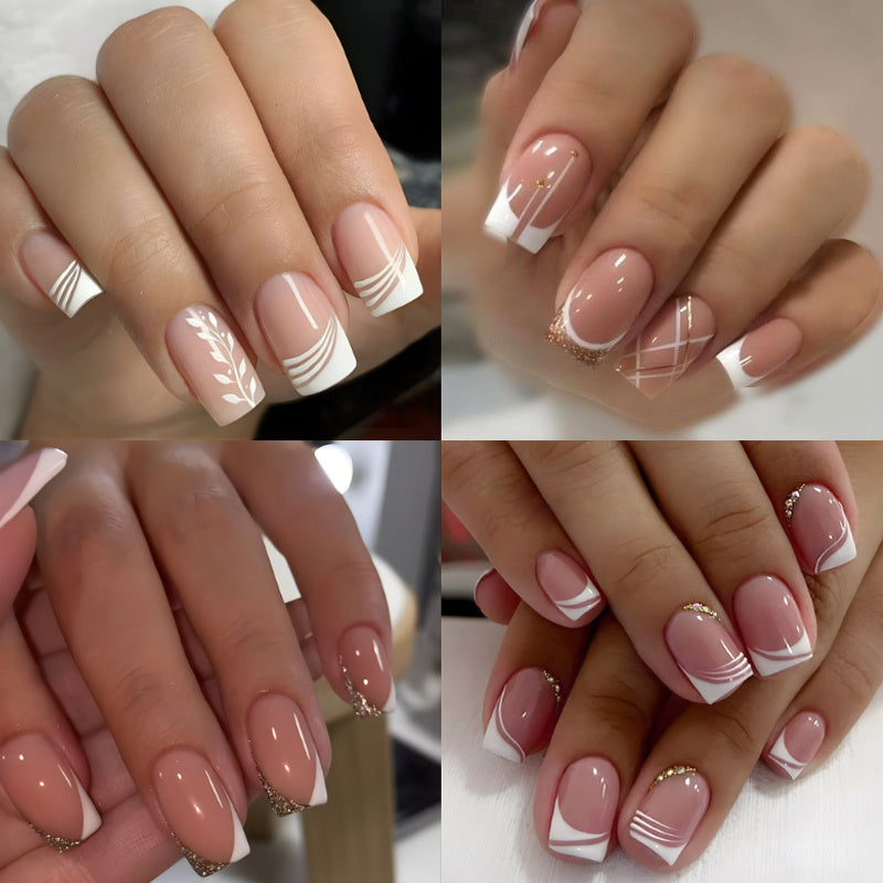 TEMU 96pcs (4 Pack) White French Tip Press On Nails, Short Square Fake Nails With Flower White And Golden , Glossy Full Cover Golden Glitter