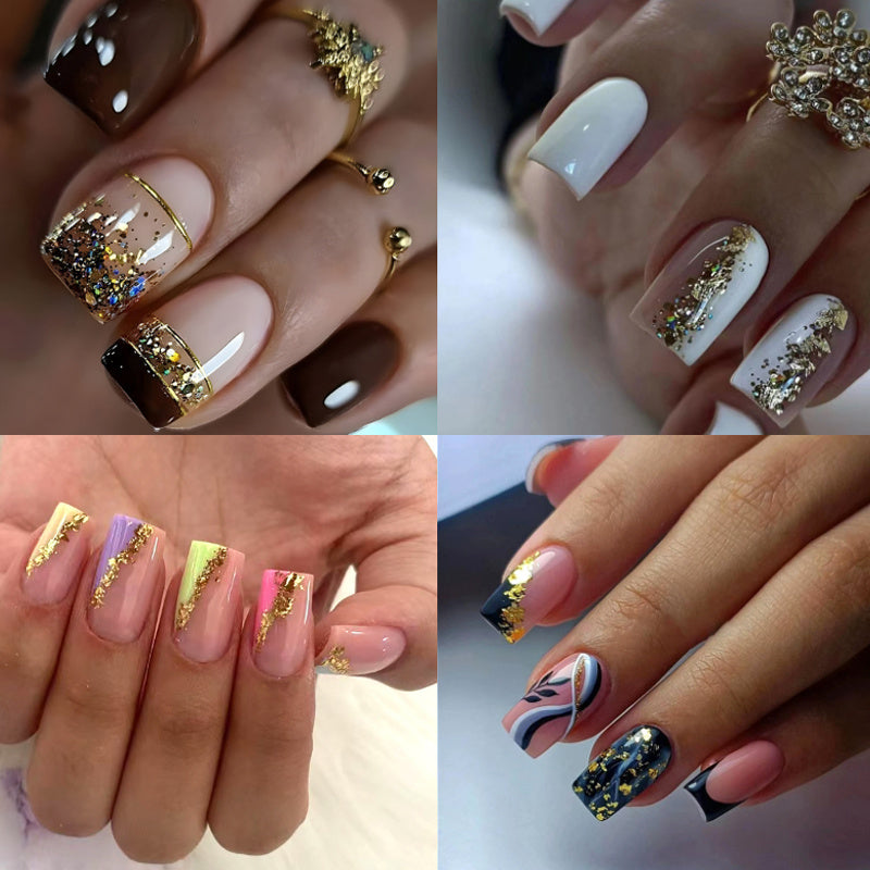 TEMU 96pcs Luxurious White Tip Press On Nails Nude Short Squarefake Nails Glossy Full Cover Glitter Sequin Stick On Nails False Nails, With 4 Nail