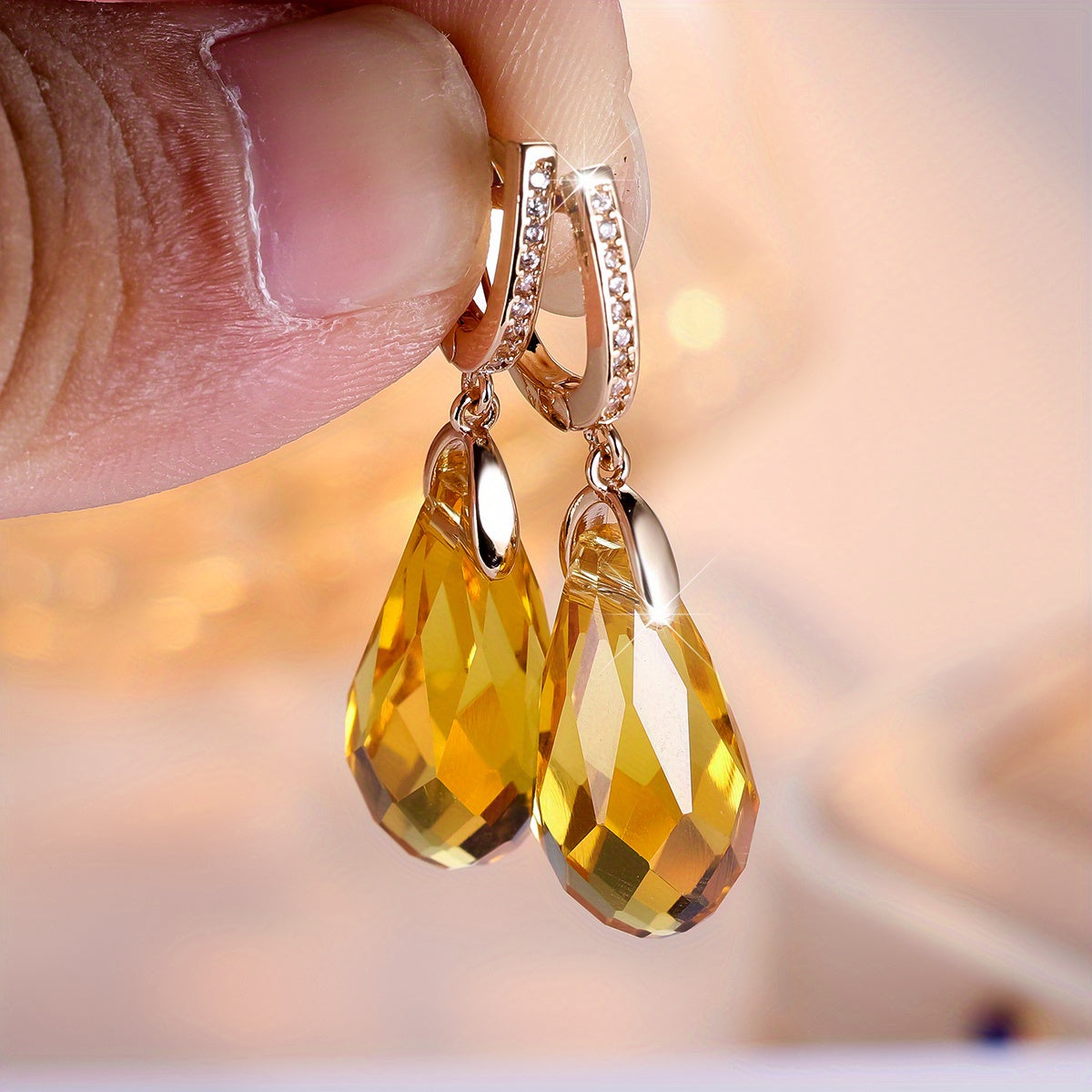 TEMU 1 Pair Luxury Teardrop -like Stone Earrings - Long Dangle Statement Jewelry With Secure Clear -like Setting, Elegant Party & Casual Attire,