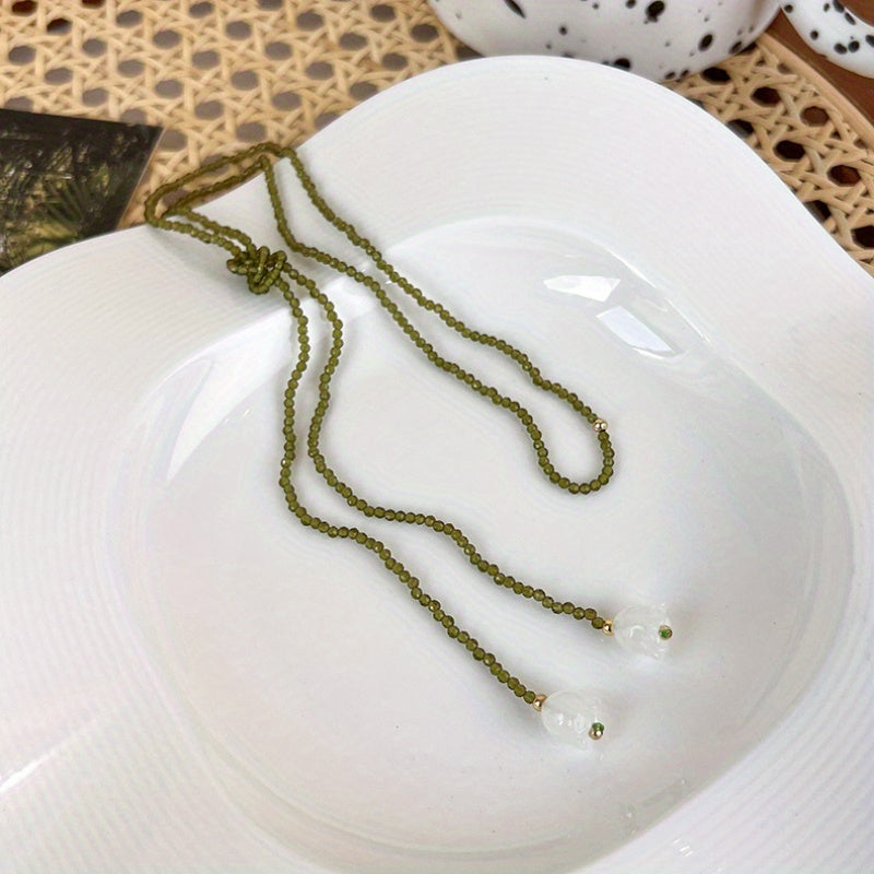 TEMU Elegant Y-shaped Necklace, Double Layer Beaded Olive Pendant, Adjustable Choker For Women, Fashion Jewelry For Daily Wear And