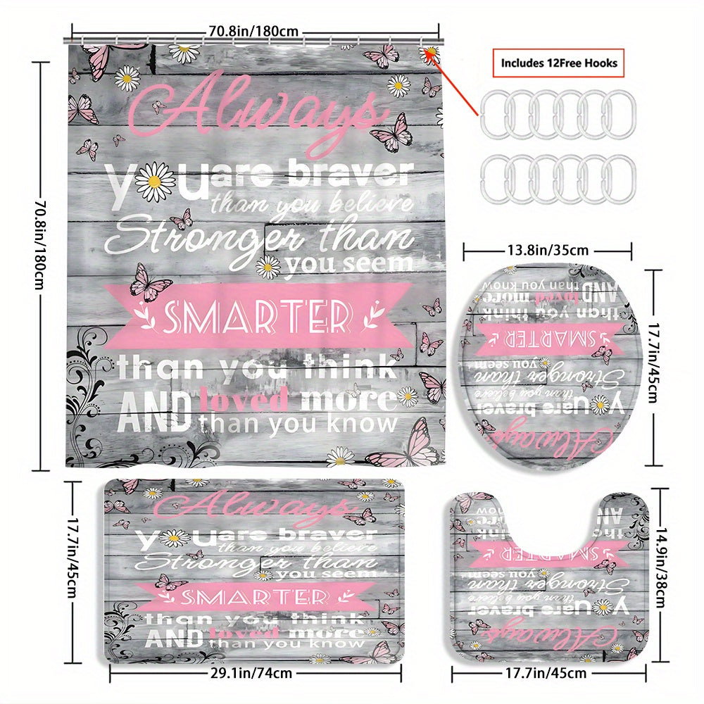 TEMU 4pcs Quote Shower Curtain Decoration, Beautiful Housewarming Gift Decoration, Shower Curtain And Toilet Floor Mat Three-piece Set Comes With 12