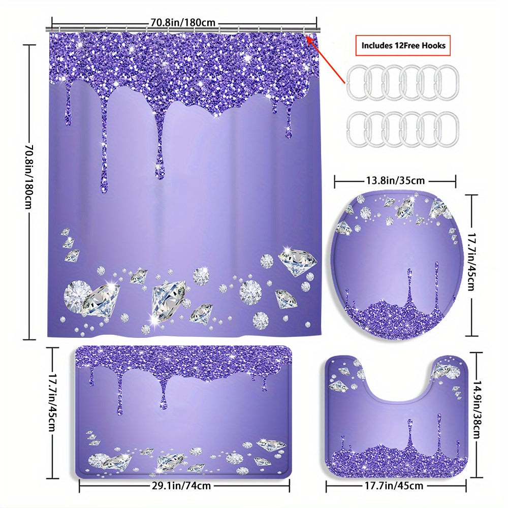 TEMU 4pcs Drop Gem Curtain Shower Curtain Decoration, Beautiful Housewarming Gift Decoration, Waterproof Shower Curtain And Toilet Floor Mat