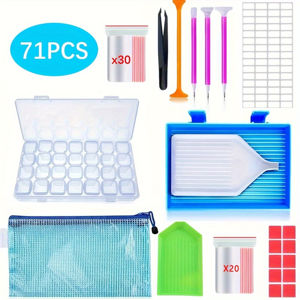 TEMU 71pcs 5d Diamond Painting Starter Kit - Plastic Embroidery Stitch Set With Tools, Accessories, Storage Case, Magnetic Pens & Beads For Crafting