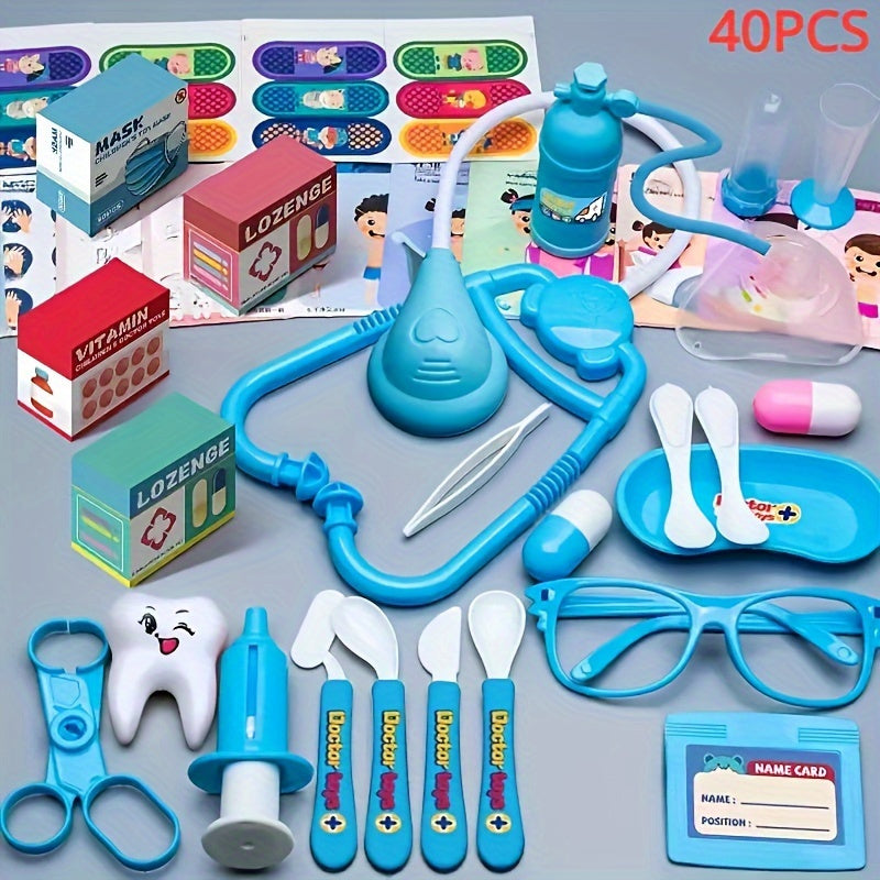 TEMU 40pcs Blue Pretend Play Toys, Children's Toy, Girls' Simulation Stethoscope, Injection, A Dental Pretend Play Toys, As Halloween, Chrismas Gift
