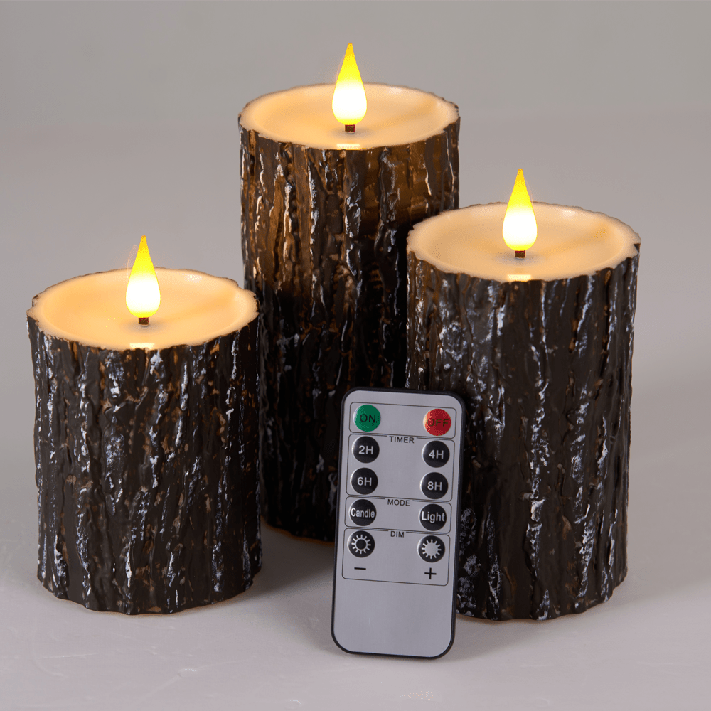 TEMU 3pcs Pine Bark Flameless Candles With Remote Control, Battery Operated Candles For Christmas, Halloween, Wedding Decorations, Create A Safe ,