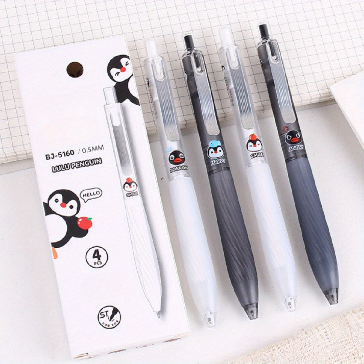 TEMU 4pcs Black Ink Gel Pens – Penguin Pattern With Metal Clip, Extra-smooth Ink Flow, Durable And Ergonomic For Office, School, And