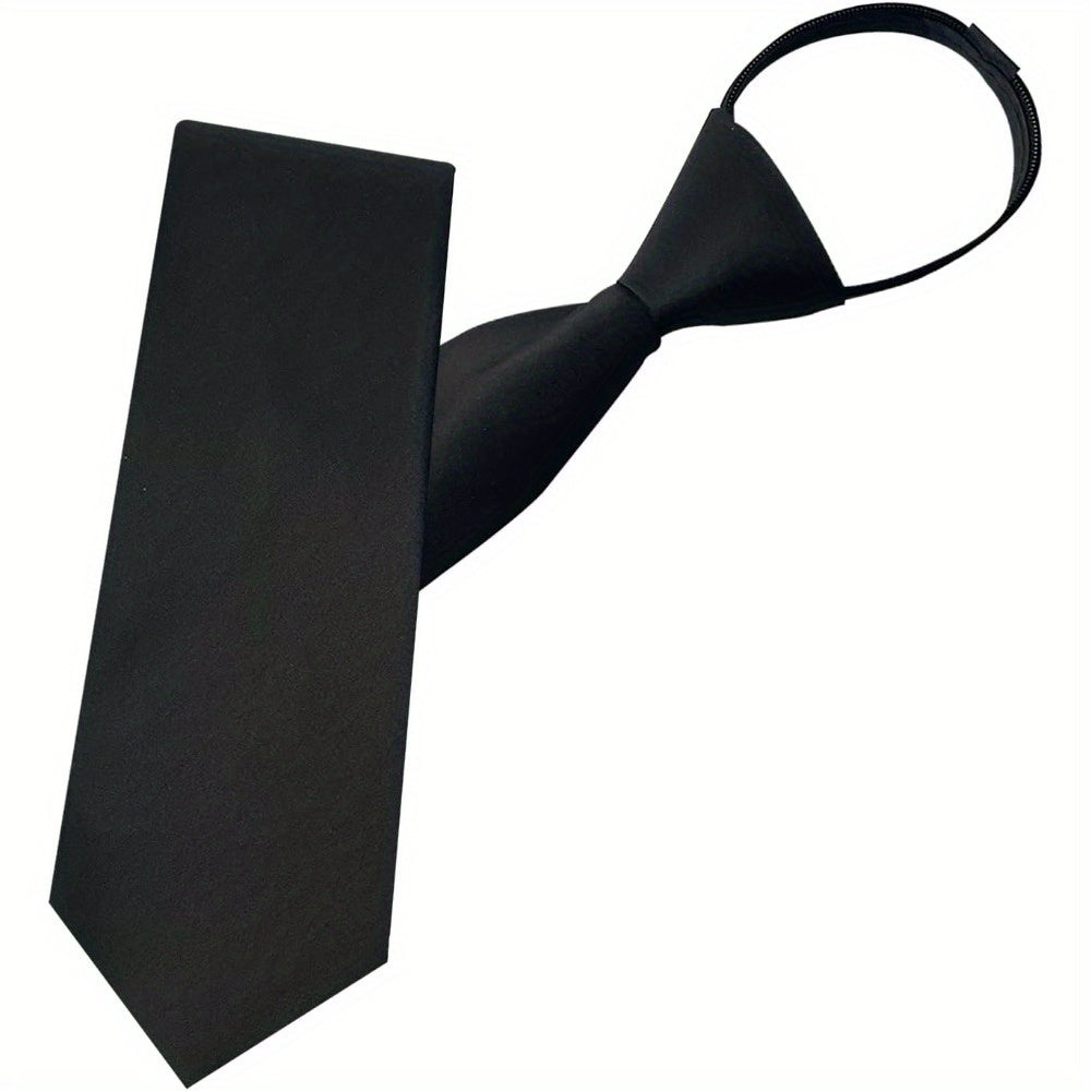 TEMU Men's Adjustable Pre-tied Zipper Tie - Sleek Black Polyester, Ideal For Business Attire & Graduation Uniforms