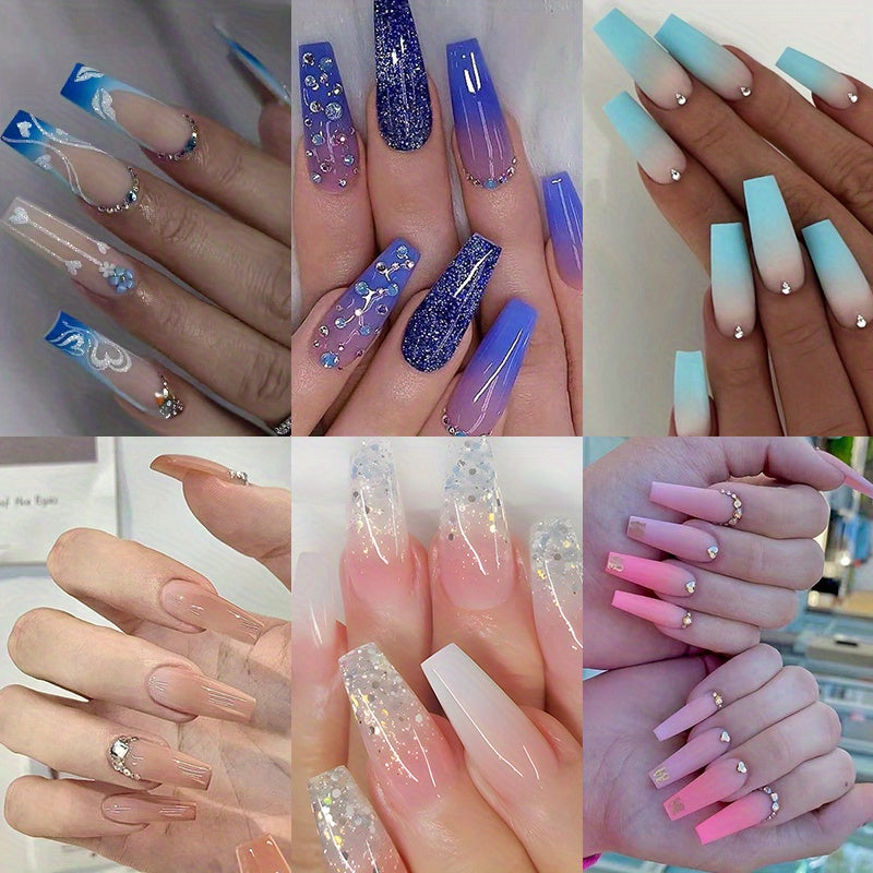 TEMU 144pcs Long Coffin Fake Nails, (6 Pack) Gradient Press On Nails With Shiningrhinestone Design, Glossy Glue On Nails Full Cover Square False