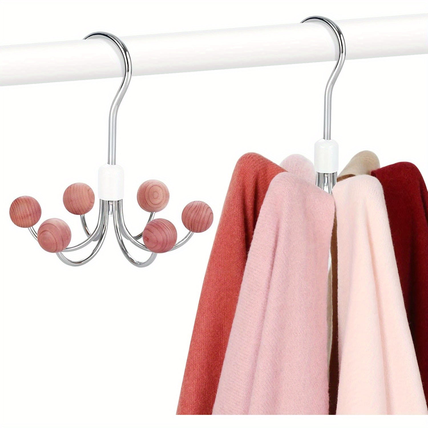 TEMU 2pcs Hoodie Hangers 2-pack With 6 Wooden Balls (without Any Treatment), 360°swivel Purse Hanger, Scarf Hanger, Closet Hooks, Handbag Organizer,