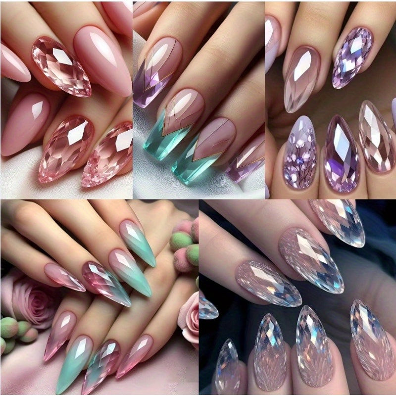 TEMU 120pcs Mixed Color Systempress On Nails Almond Glossy Fake Nails With Diamond Gradient Design, Long Almond Acrylic False Nails Full Cover Stick