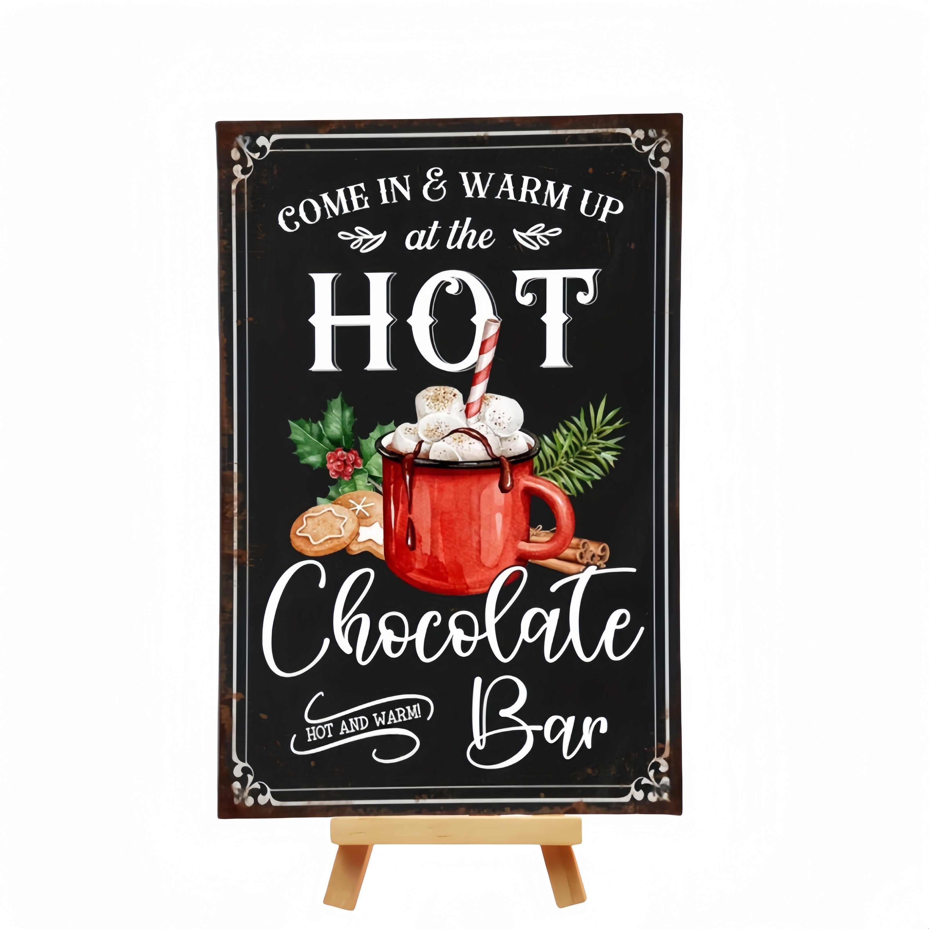 TEMU Retro Wooden Hot Chocolate Bar Sign - Festive Christmas Kitchen Decor, Coffee Shop Signage, Farmhouse Artistic Winter Decoration, No Electricity