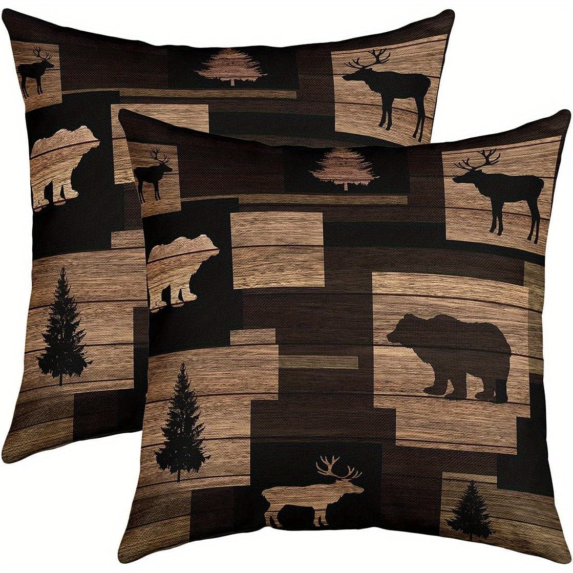TEMU 2pcs Country Farmhouse Throw Pillowcase 18*18inch Moose Cabin Pillowcase With Gray Bear Vintage Wooden Hunting Animal Cushion Cover