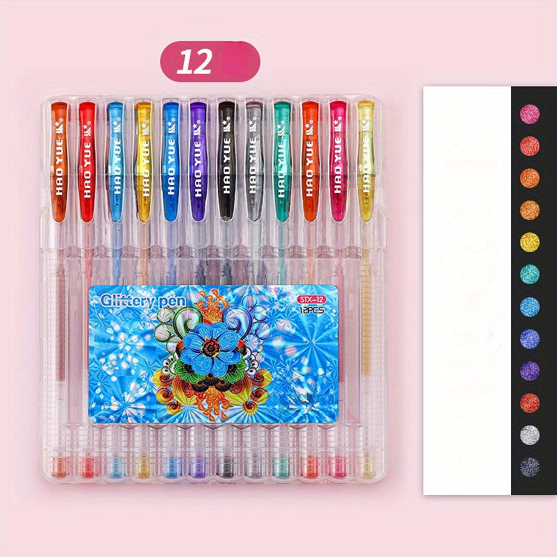 TEMU Colorful Glitter Gel Pens Set - Coloring Books, Scrapbooking, School , Greeting Cards, Letters, Doodling Plastic, Ink Level, Water Based Ink
