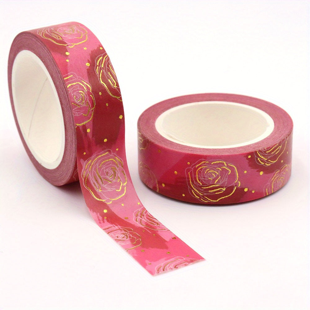 TEMU Rose Decorative Washi Tape, 15mm X 10m, Non-waterproof Paper Adhesive Tape For Gift Wrapping, Diy Crafts, Stationery, Scrapbooking, Plastic