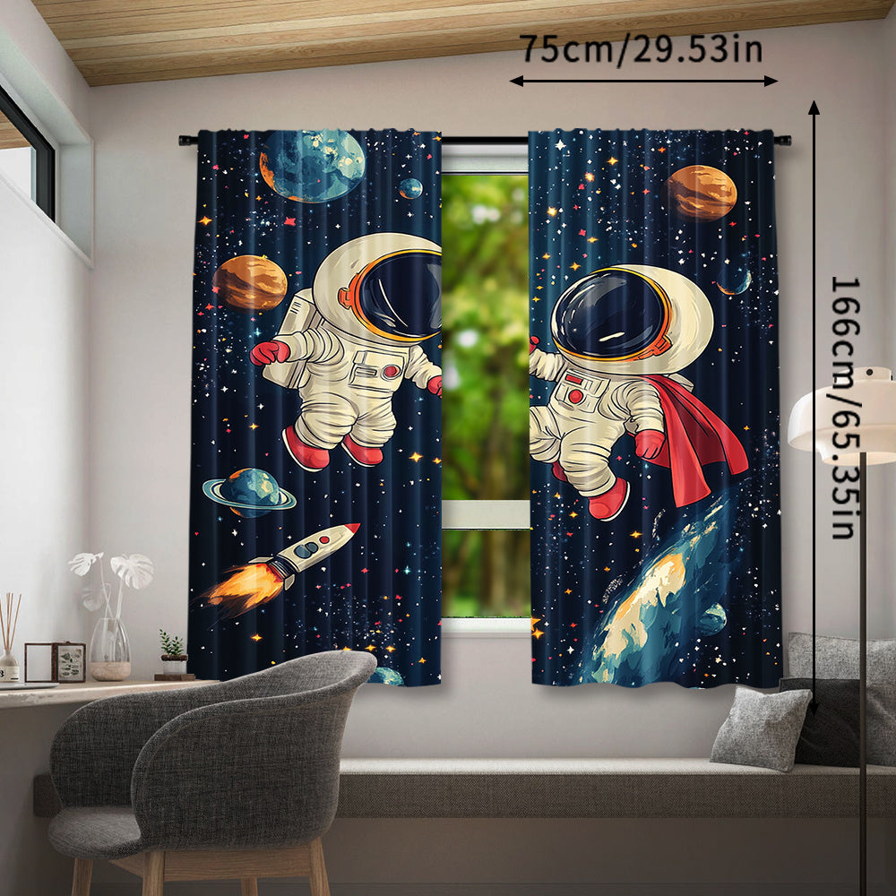 TEMU 2pcs Space Astronaut Window Curtains, 100-120g Polyester, Rod Pocket Drapes, Contemporary Style, Spring Sublimation Print, Seasonal, Decorative,