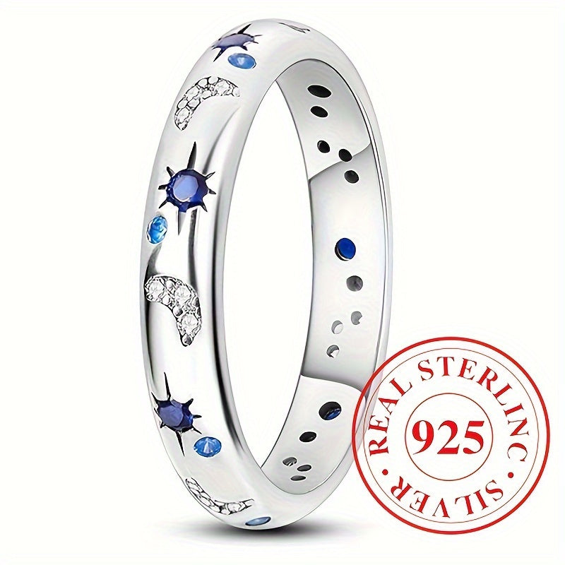 TEMU Elegant 925 Sterling Silver Ring With Blue Zirconia Accents - Y2k Inspired, High-quality Jewelry For Casual Attire & Gifting, Band Ring, ,