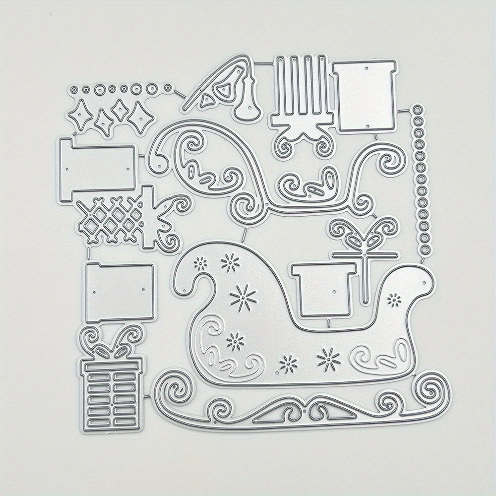 TEMU 1pc Festive Sleigh Present Bundle Metal Embossing Stencils For Paper Crafting, Scrapbooking Die-cuts Kit, No-electricity Required, Feather-free