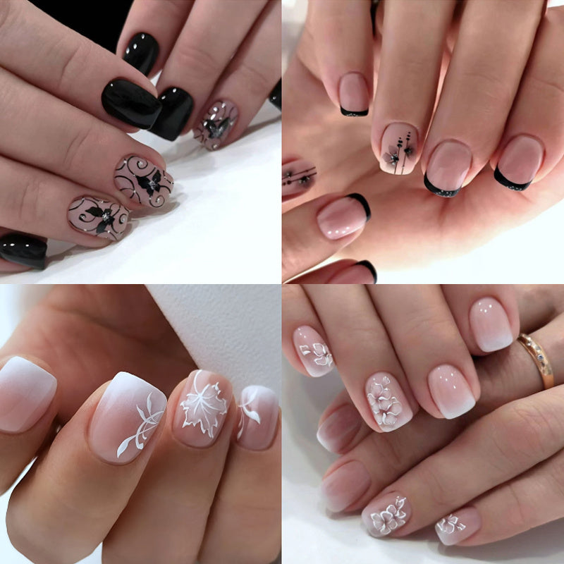 TEMU 96pcs (4pack) Black Nail With Sparkling Rhinestones, Flower Pattern - Short Square, Glossy Surface, Including Jelly Glue And Nail Files, Nail