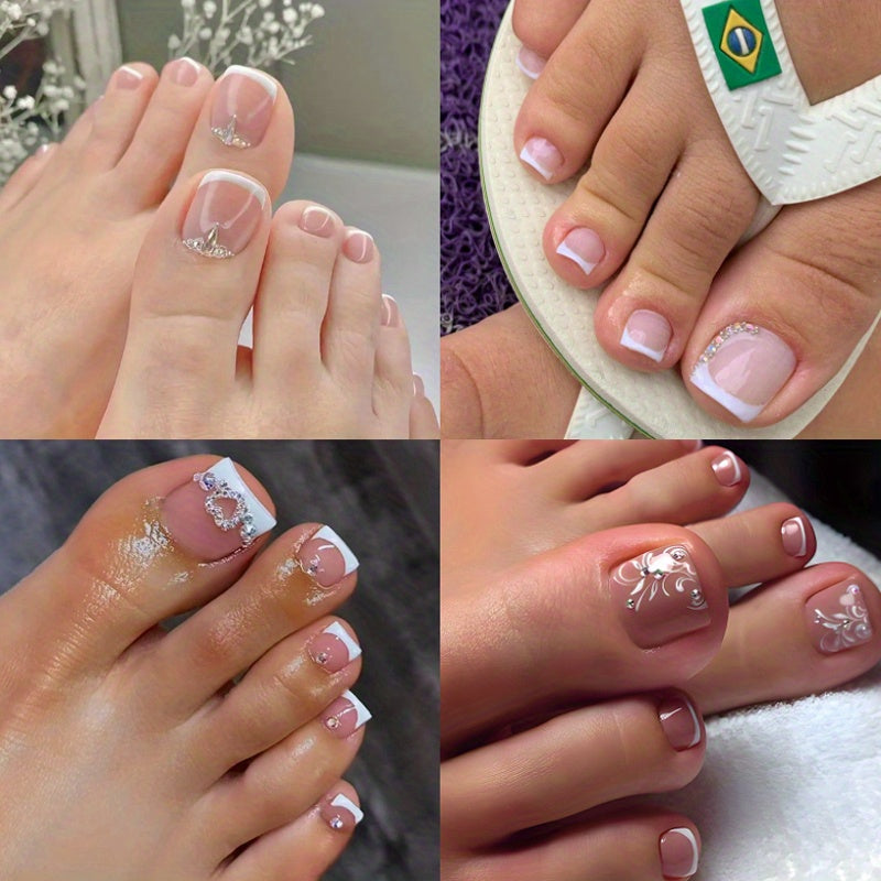 TEMU 96pcs (4 Packs) Glossy Short Square Press On Toenails White French Tip Fake Toe Nails With Designs Pink Full Cover Acrylic Toenails For Women
