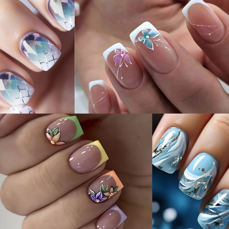 TEMU 4 Packs (96pcs) Glossy Press-on Nails Set, Short Squoval Artificial Nailtips With Pink Stripe, Glitter, Floral, And Geometric Designs,