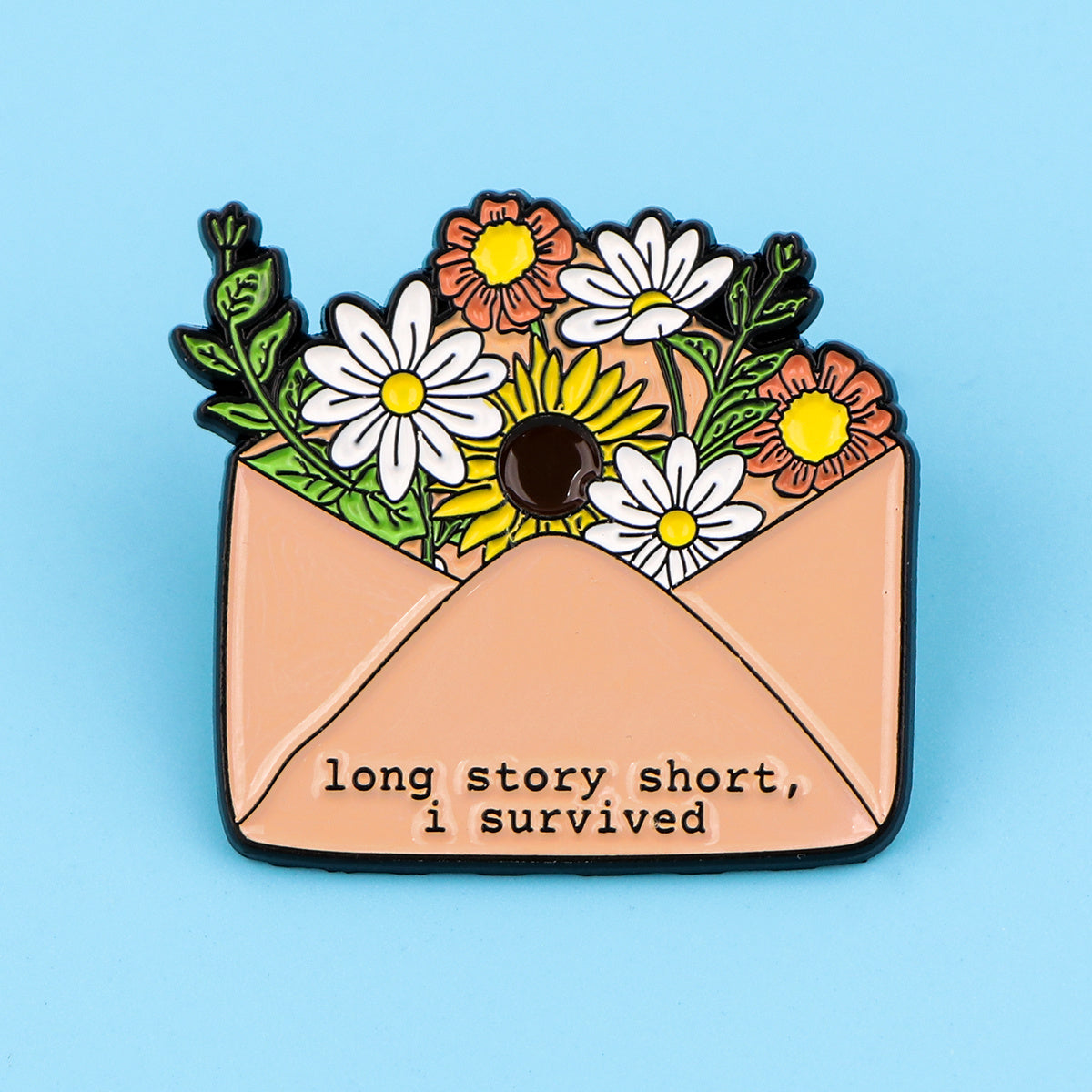 TEMU Survival Flower Envelope Enamel Pin - Alloy Lapel Brooch With Sunflower & Daisy For Backpacks, Accessories, 1 Pc