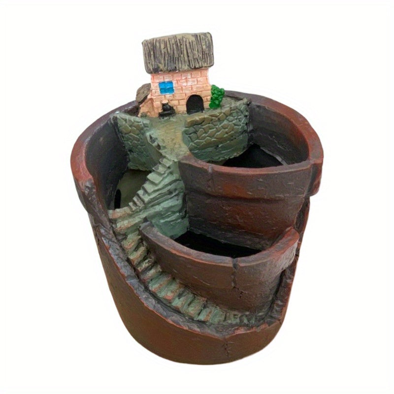 TEMU Rustic French Country Resin Miniature House Planter Pot - Weather-resistant With Stone Steps & Thatched Roof, Indoor-outdoor Decor For