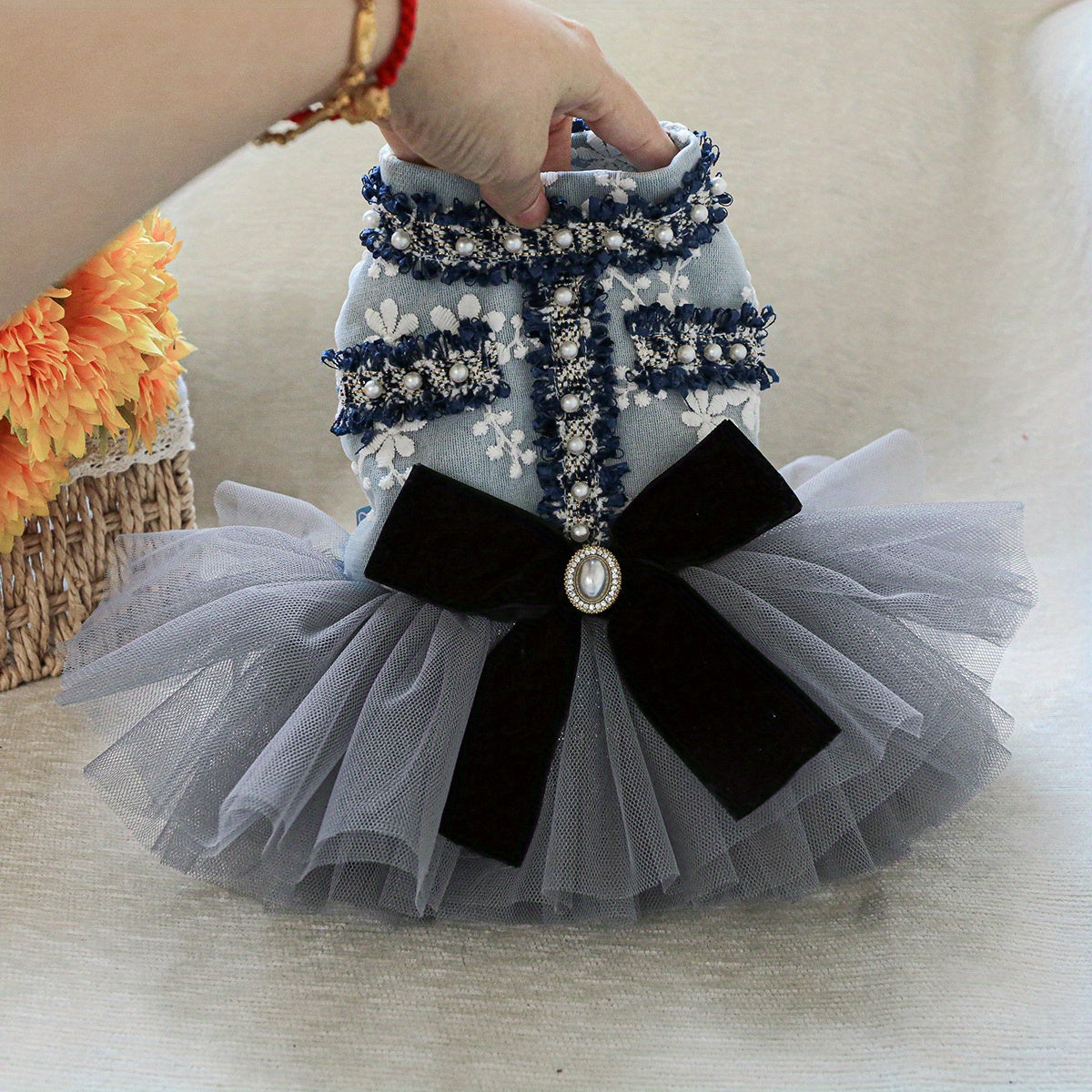 TEMU Elegant Gray And Blue Floral Pet Princess Dress With Pearl Embellishments, Tulle Skirt, And Black Bow - Small Dogs Like , , And Teddies - Ideal