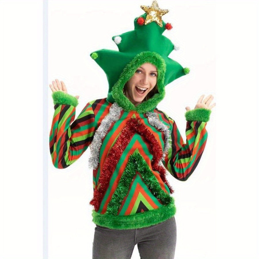 TEMU Women Men Christmas Hoodie, Long Sleeve Tree Hooded Sweatshirt Color Cosplay Costume