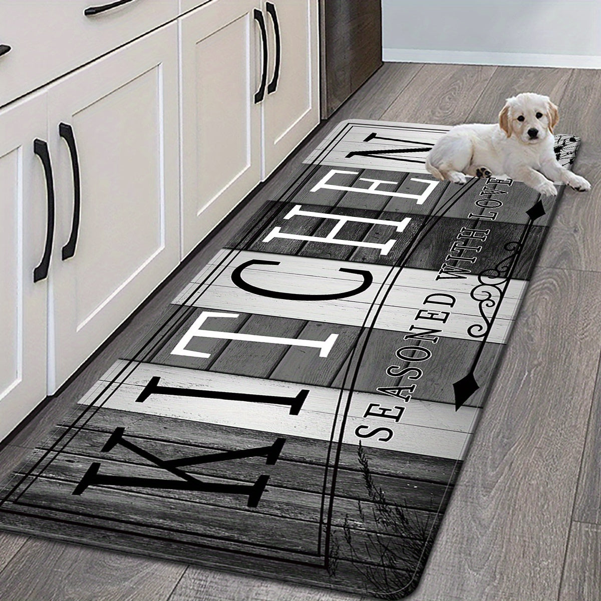 TEMU Premium Absorbent Non-slip Kitchen Mat - Durable Polyester Floor Mat With "kitchen" Text & Music Notes Design, Machine Washable Polypropylene