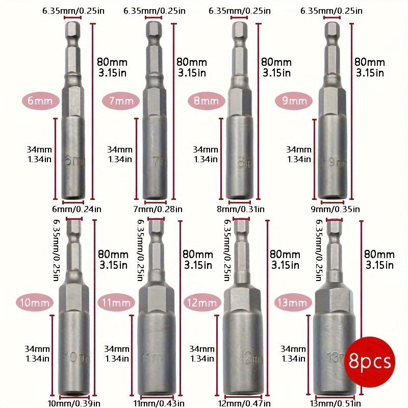 TEMU 8pcs High-torque Deep Socket Adapter Set With 1-4" Hex Shank - Heavy-duty Applications, Compatible With Hand & Electric Drills