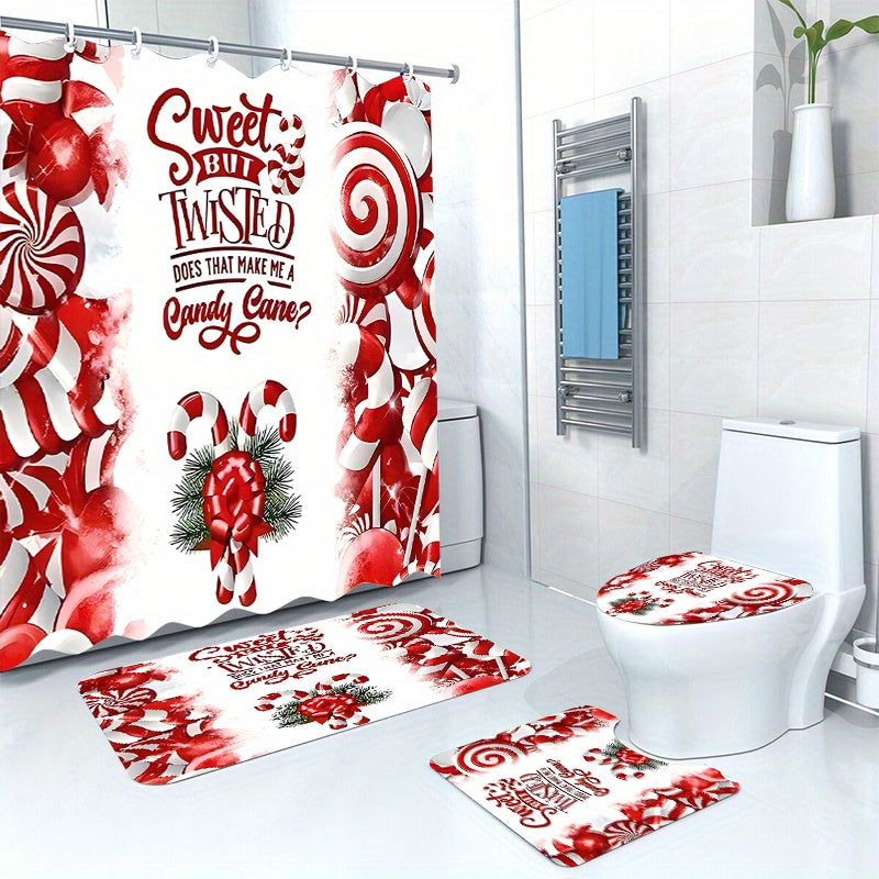 TEMU 1pc-4pcs Christmas Bath Shower Curtain Set With 12 Hooks And Bath Mat Toilet Seat Bathroom Seat Anti-slip Carpet Rug Polyester Fabric Curtain