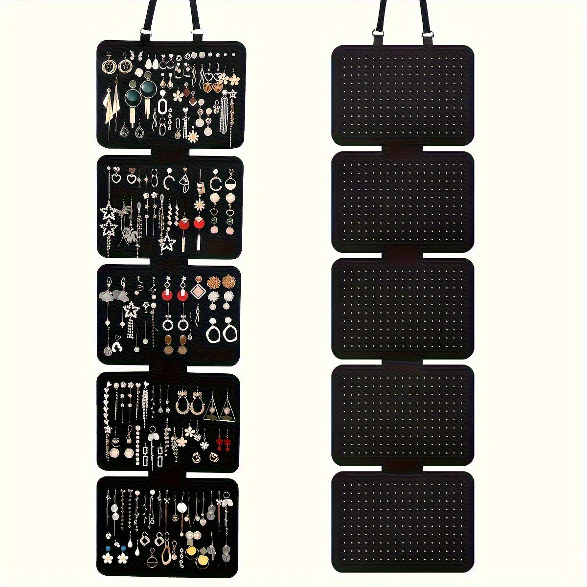 TEMU 1 Set Elegant Black Felt Jewelry Organizer: 5 - Tier Hanging, Foldable. Ideal For Earrings, Pendants, Etc. For Badge Display, With Lanyard.