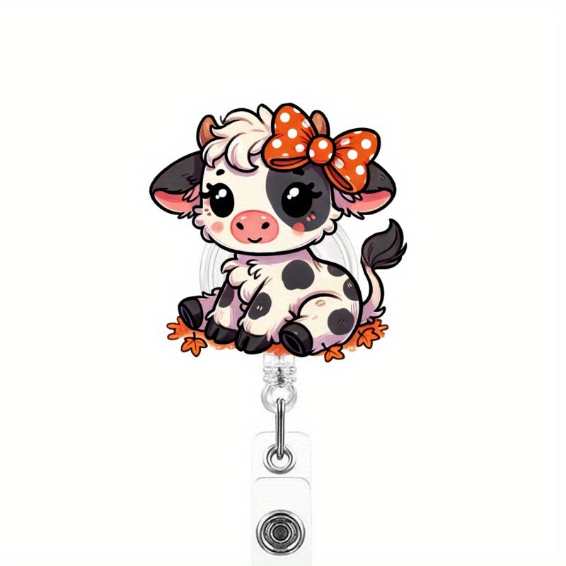 TEMU 1pc Cute Cow Acrylic Badge Reel Holder With Retractable Id Clip, Nurse Nursing Name Tag Card Holder, Animal Design For , Doctors, Rn, Lpn -