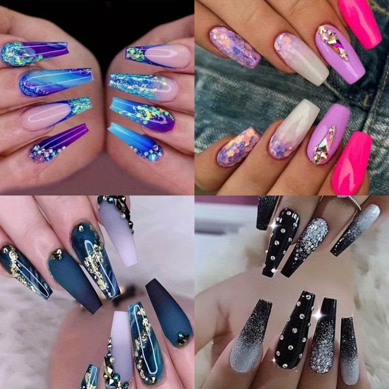 TEMU 96pcs (4pcs) Long Length Coffin Press On Nails, Blue Purple Gradient Glossy Fake Nails With Sequins Designs, Acrylic False Nails For Womenand