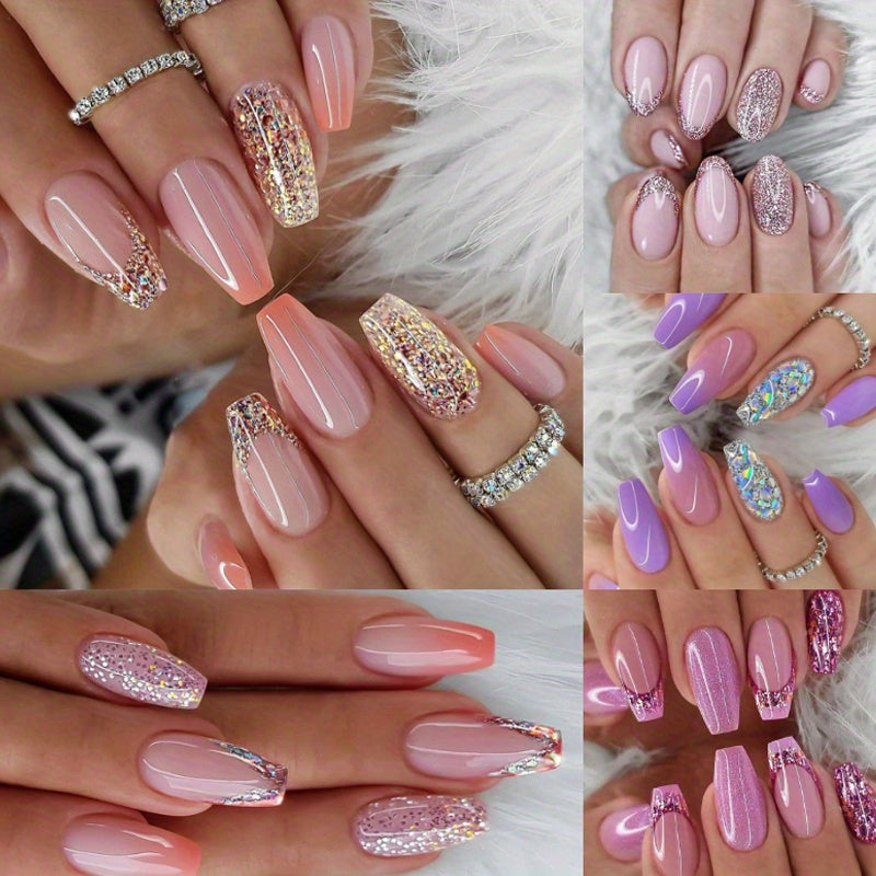 TEMU 120pcs (5 Pack) Gradient Purple Coffin Glitter Press On Nails - Glossy False Nails For Women And Girls