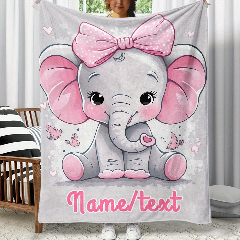 TEMU 1pc Cute Elephant Personalization Custom Name Portable Blanket- Lightweight Flannel Throw For Sofa, Bed, Camping, Livingroom, Office, Chair, And
