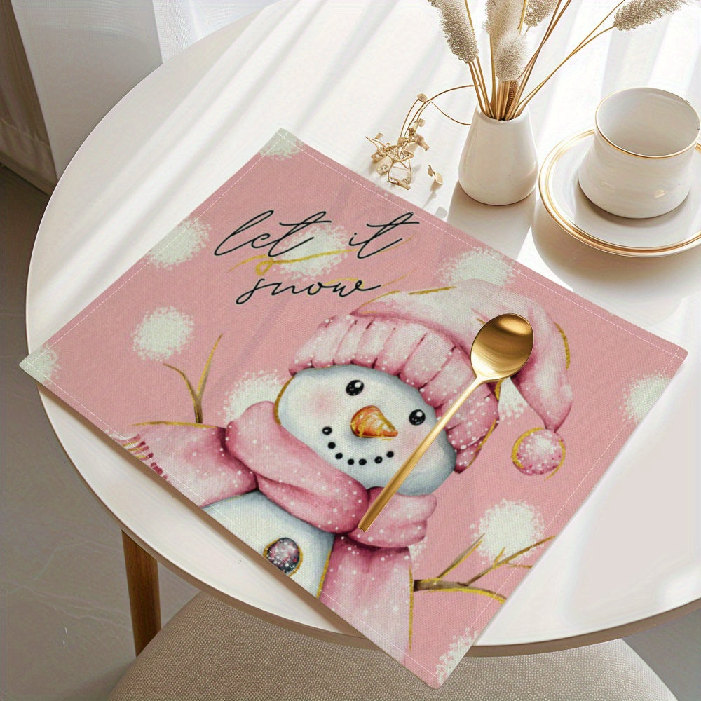 TEMU 4pcs Pink Christmas Theme Placemats, Cute Snowman & Snowflake Pattern - - Dining Table Pads, Machine Washable, Durable Kitchen Tabletop