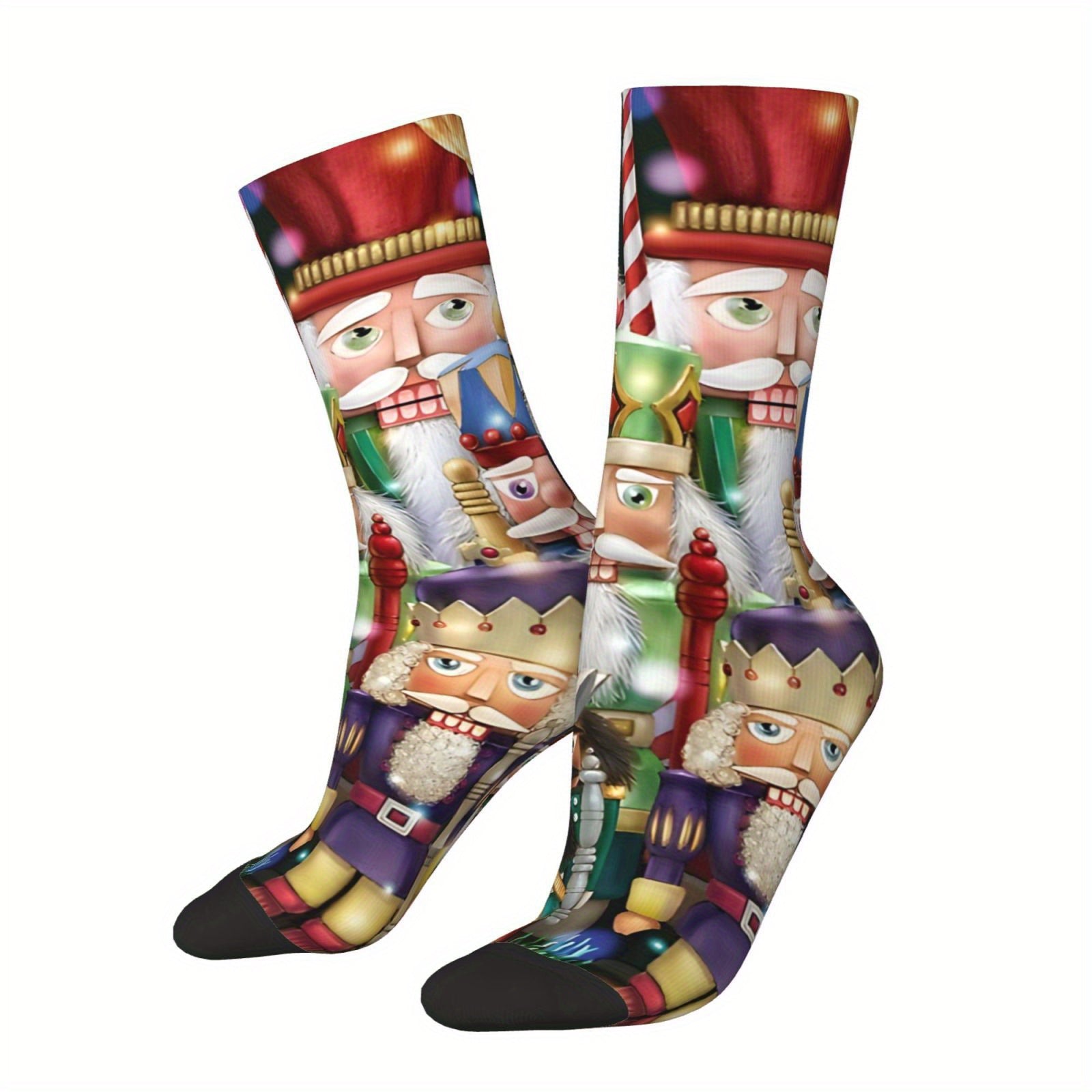 TEMU 1 Pair Men's & Boys' Nutcracker Socks - Compression-fit Crew Socks With German Doll Print, Black Toe & Heel, Festive Holiday Party Outfit (ideal