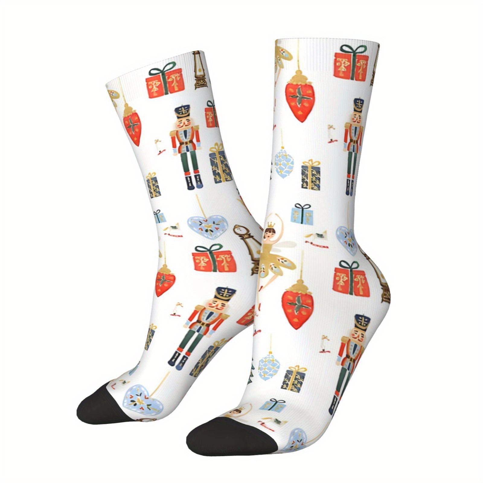 TEMU Heart Nutcracker Pattern 1 Pair Men's Mid-calf Crew Socks, Breathable Comfy Casual Sports Socks For Basketball Running