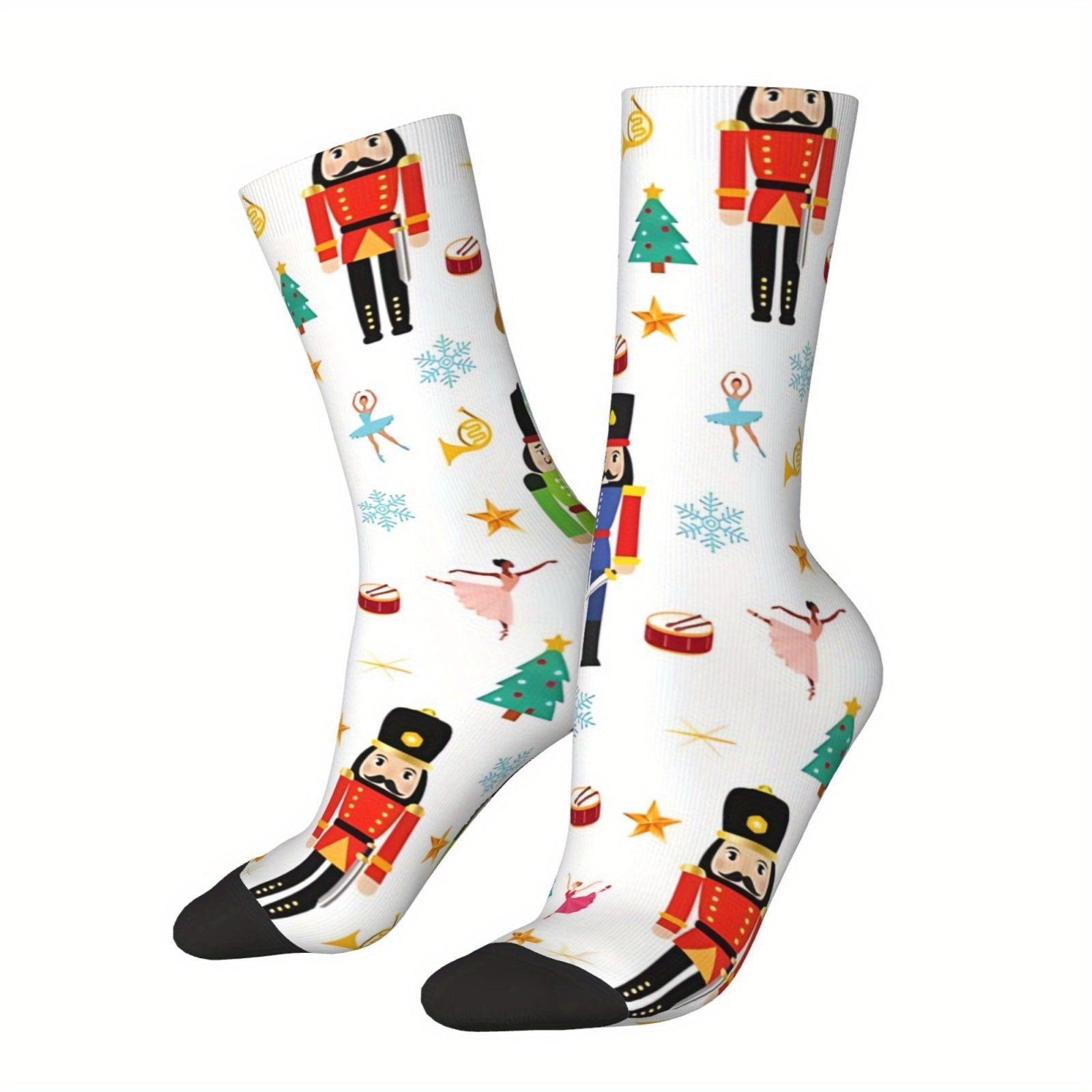 TEMU 1 Pair Men's & Boys' Funny Nutcracker Christmas Socks - Compression Fit Harajuku Style Random Print Crew Socks With Nutcracker Soldier Design,