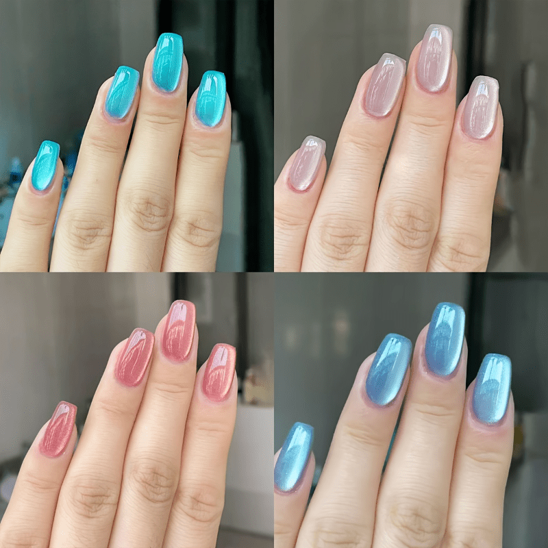 TEMU 96pcs Reusable Square Cat Eye Press-on Nails - Glossy Short Blue Full Cover False Nails For Daily Wear, Parties & Photos, Cute Nails