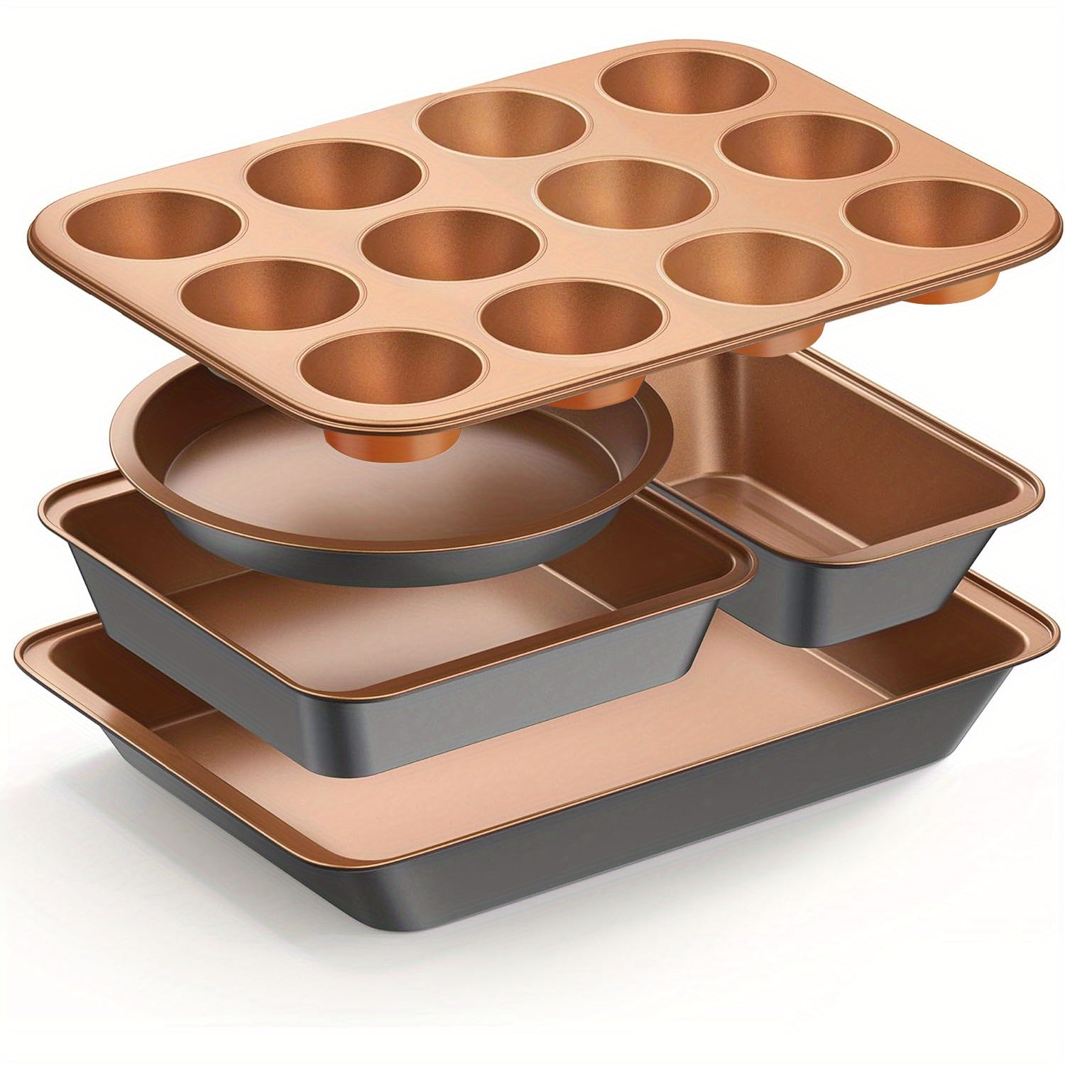 TEMU 5pcs Heavy-duty Carbon Nonstick Bakeware Set - Oven-safe Baking Pans & With Round-loaf-square Cake Pans, Muffin & Roasting Pan - Black Nonstick