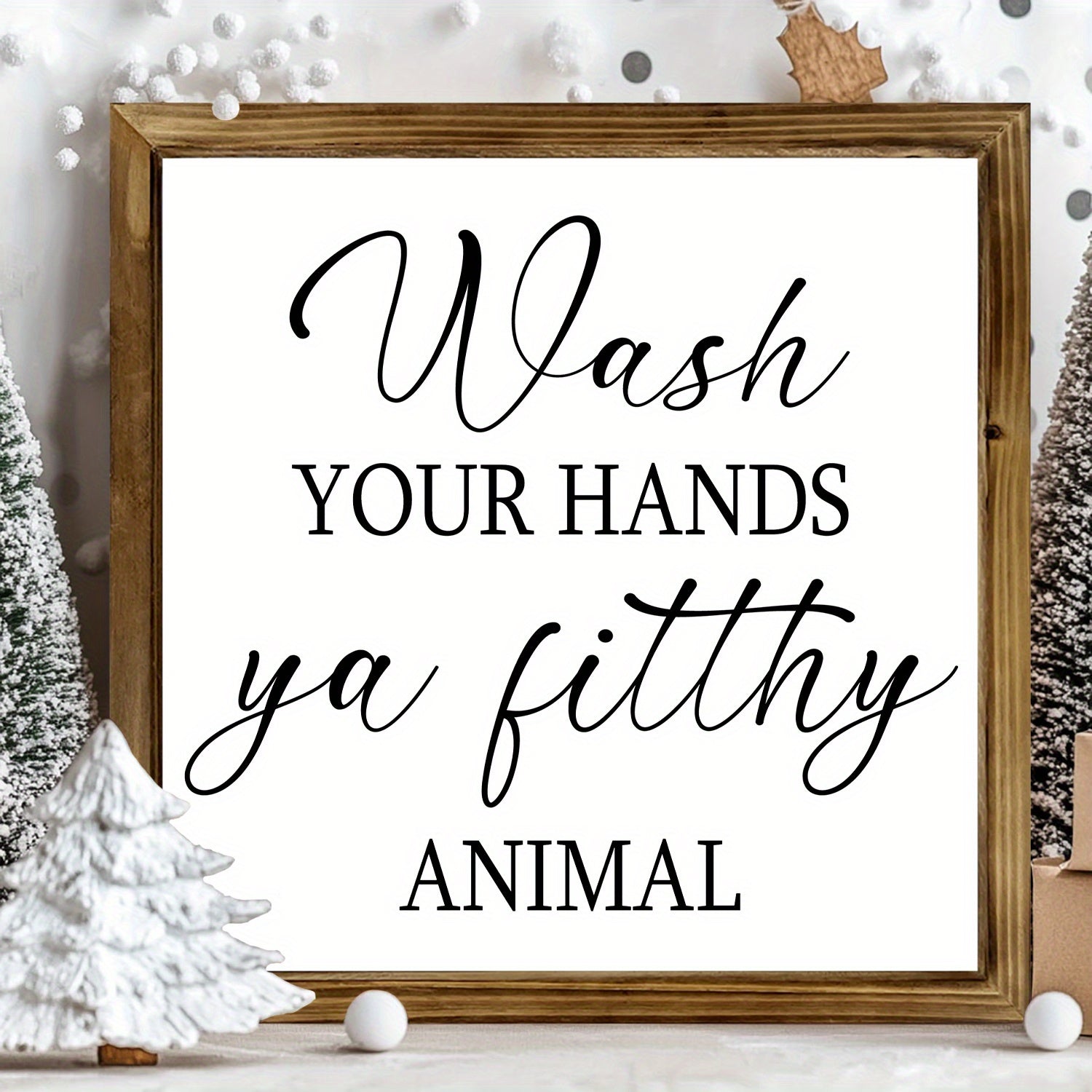 TEMU [8*8 Inch Wooden Framed Sign] Wash Your Hands " - 8*8 Inch Framed Wooden Sign, Art Deco Square Wall Decor For Bathroom, Bedroom, Home, Office &