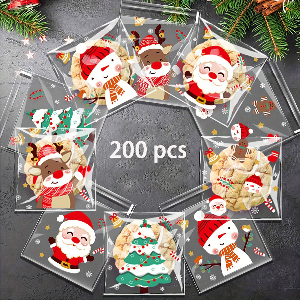 TEMU 200pcs Chrismtas Treat Bags Plastic Candy Cookie Bags Self-adhesive Biscuit Snack Packing Bags Gift Chrismtas Party Decoration Supplies