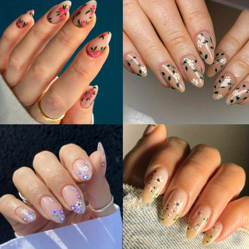 TEMU 96pcs (4 Pack) Chic Glossy Flower Nails - Pure Nude Medium Almond Shape Set, Adorable Glue-on Design For Women & Girls, Perfect Spring