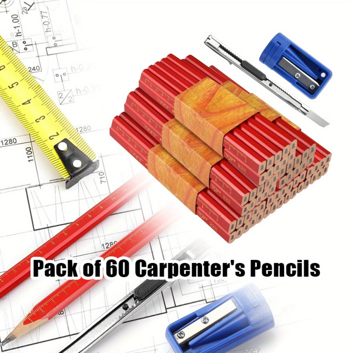 TEMU 60pcs Carpenter Pencils Tools Set 7 Inch Carpenter Pencil With Pencil Sharpener Flat Wood Construction Pencil