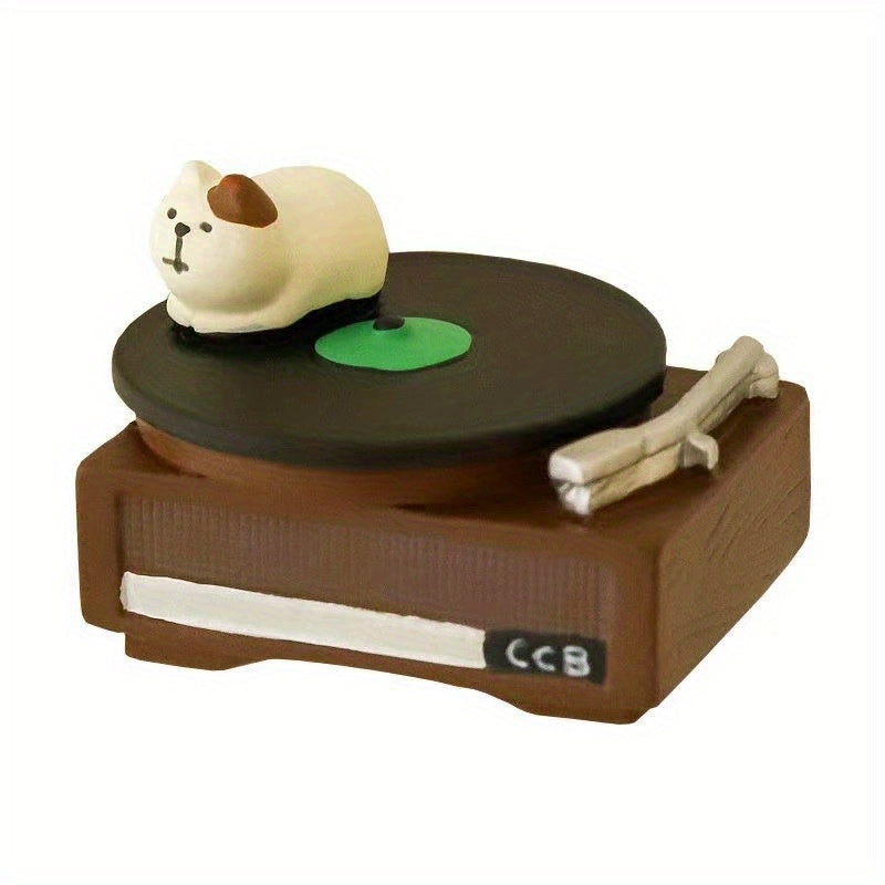 TEMU 1pc Vintage Vinyl Record Player Figurine With Cat Resin Craft, Home Decor Collectible, Halloween Occasion, No Electricity Needed