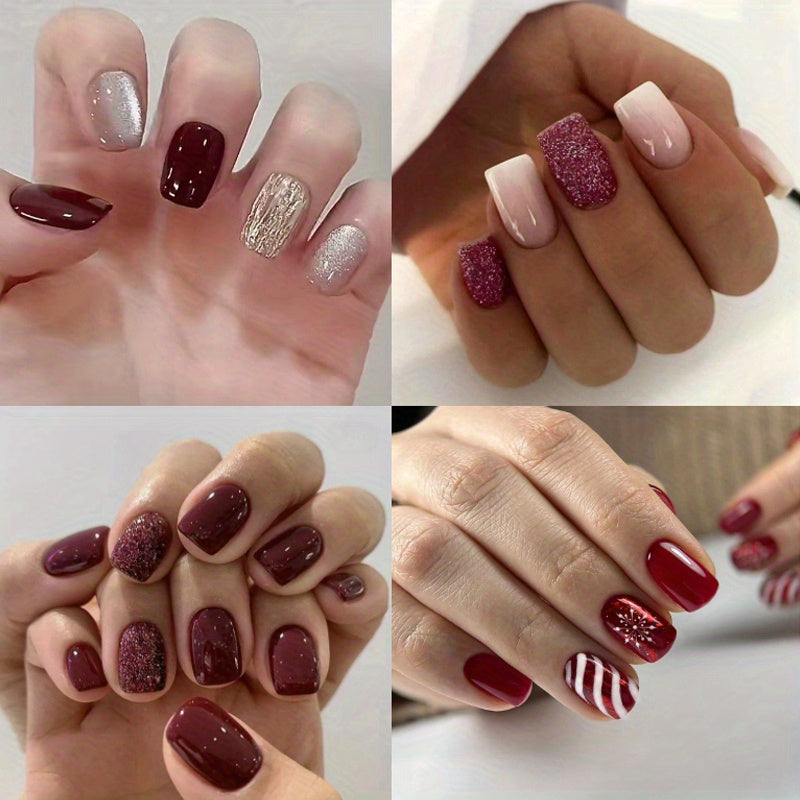 TEMU 96 Pieces (4 Packs) Square Press-on Short Burgundy - Christmas Acrylic Short Fake Nails Autumn Press-on, Full Set Of Short Artificial Glossy