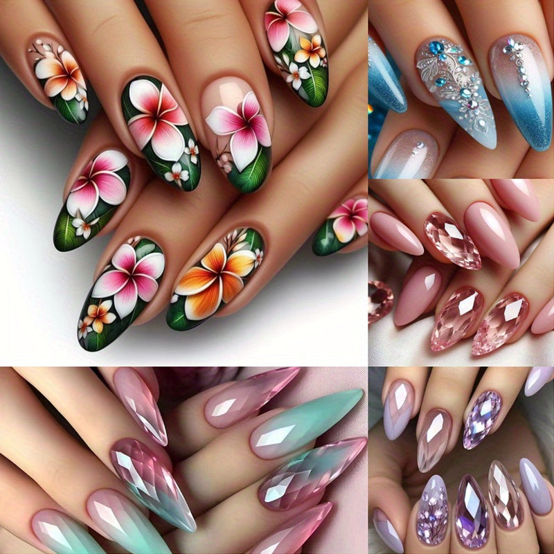 TEMU 120pcs (5 Pack) Glossy Almond-shaped Press-on Nails With Gradient Cat Eye Glittery Floral Gradient French Design - Great For Women's Birthday