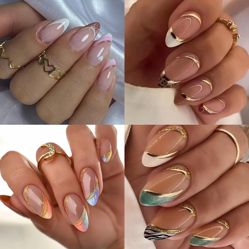 TEMU Press On Nails 96pcs (4 Pack) Short Almond- Mixed Color, Glossy Finish, Colorblock & Stripe Patterns, Full Cover False Nails For Womenand Girls